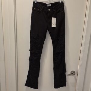 Zara Black Straight Leg Jeans with Distressed Knee